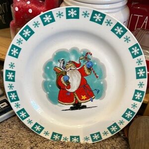 Festive Santa Claus Plate with Snowflake Border Stoneware Plate